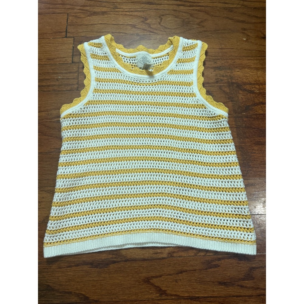 St Johns Bay Womens XS Yellow White Striped Crochet Knit Scalloped Tank Top Vest